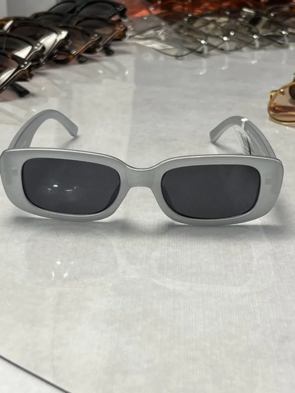 AIRE Ceres Rectangular Sunglasses Matte Silver Gray Frame Black Lenses NWT